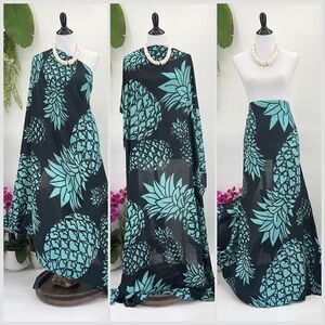 Black/Teal Pineapple Tropical MAXI SARONG Kīkepa Pareo Beach Wrap Skirt